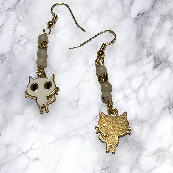 Hand Crafted Earring Cats Tourmaline Quartz Kitty White Butterfly - Picture 7 of 8